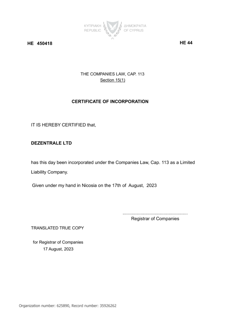 Certificate of Incorporation
Dezentrale Ltd.
Imprint, ToS, Disclaimer